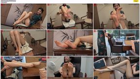 Tall and beautiful Xiao Min, dressed in a classic cheongsam and ultra-thin stockings, displays her sexy long legs and beautiful feet on a mahjong table.