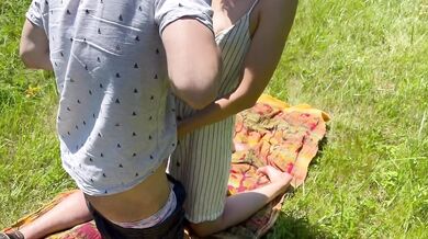 Husband watches wife in dress fuck and get creampie from his friend in public field