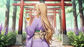 Blonde in Lavender! Kneeling barefoot under the red Torii gate, her andouf fluttering in the breeze.