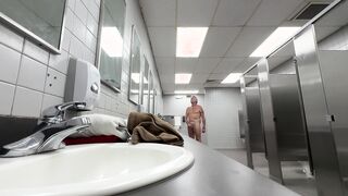 Changing clothes and jacking removed amid public restroom. Almost caught!