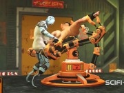 I just want your dick! Female robot shemale fucks a sexy cuffed busty brunette in the sci-fi lab