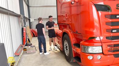 Cuckold husband watches wife get fucked raw by trucker in fake UK truck