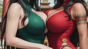 69. Two women in Chinese dress dance and play together