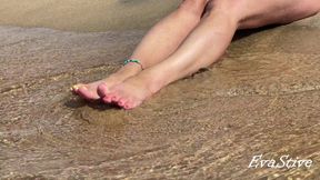 My feet and masturbation with orgasm and wet pussy close up on the beach