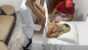Pervert Poses as a Gynecologist Doctor to Fuck the Beautiful Wife Next to Her Dumb Husband in