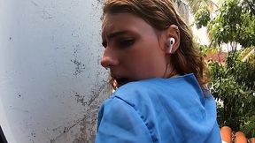 Janitor Nails Busty Beauty on Public Balcony with Creamy Finish