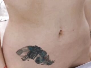 A red-haired bitch with protruding nipps makes a mouth oral-job and jerks off her snatch