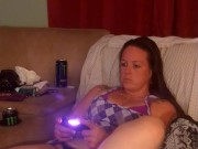 I lift up my micro minidress and show off my panties and spread my legs on couch