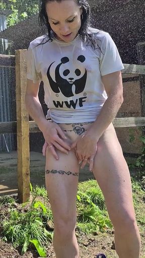 Wet T Shirt Playtime- Cooling off Under a Cold Outdoor Shower