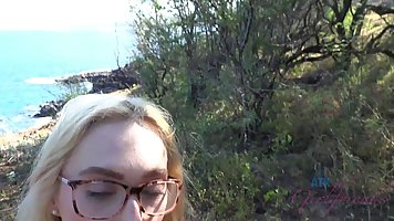 Sweet blonde babe with glasses, Victoria Gracen likes to play with dick, in the nature
