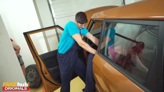 FAKEhub Originals - Redhead girls get down and dirty at the garage with young mechanic