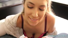 Kimber Lee gags on her boss's huge cock before swallowing his load!