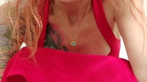 Redhead Pee desperation in Red dress begging to piss herself in shower