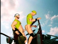 Randy animated firemen get it on with their ridiculously long hoses