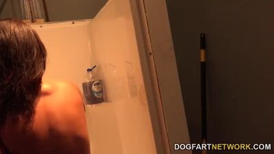 Dashing brunette rubs her pussy and rides a gloryhole BBC