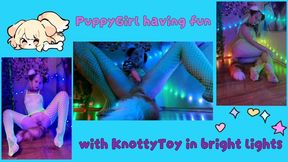 Horny Fishnets Foxy Girl In Neon Light Fuck Her Pussy With KnotDildo