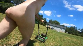 Jon Scarecrow completely naked  in cowboy boots push mowing the grass