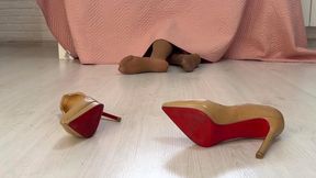 Blanket monster, swallowed by monster, struggling, girl eaten by monster, feet spasms, Louboutin boots play