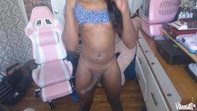 petite ebony trans girl vanniall unleashes massive cumshot all over her face - ts cam show with self facial, glasses, girl next door, big dick, girl dick