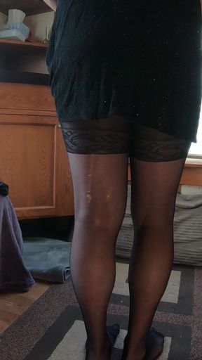 A Trans Lady in a Sparkly Dress and Pantyhose Shows Her Bum in Her Fitting Room