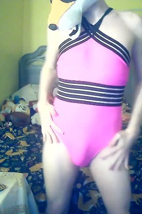 Foxxo Stripteases &amp; Milks Himself in Pink Swimsuit.mp4