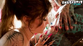 Lesbian Goth's Tattooed Asshole Dildo Play