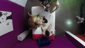 Amazing brunette MILF gets banged by four horny guys