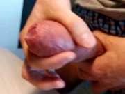 Wet cock head close-up and third orgasm of the day. Testicles full of cum