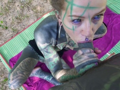 Tattooed couple anal fuck outdoors