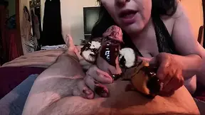 Amateur brunette licks giant chocolate syrup-covered donut before deepthroating massive rod