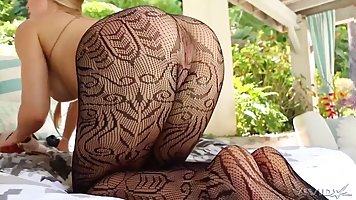 Gorgeous blonde MILF with black fishnets Nicole Aniston gets pounded and creampied