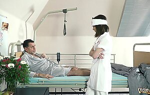 Teen nurses fuck old grandpa in a fake hospital bed and give sloppy blowjob
