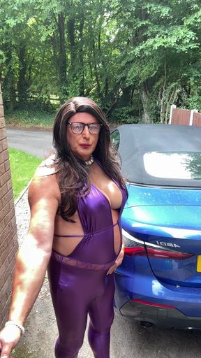 Sexy Crossdresser Kellycd2022 in Purple Pvc Catsuit and Heels