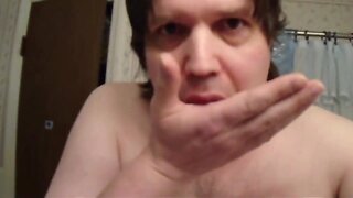 Senior chubby man shows playful butt and jerks and swallows semen
