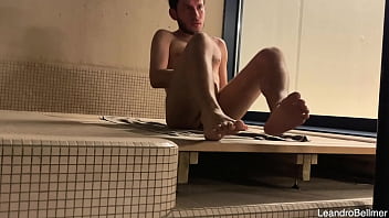 Risky jerk off after the sauna while a handsome man was showering