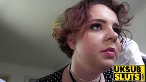 British Subslut rides big cock after deepthroat and slapping