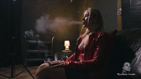 Smoking in her red jacket 4K MP4