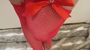 30. Melove Sexy Legs in Red Fishnet Showing Small feet with Long Toes