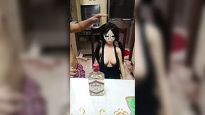 Touching her chest with the Little Kitty toy