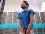Risky locker room public jerking off and cum