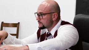 The student lifts up her skirt and given bald perepada on the table in...