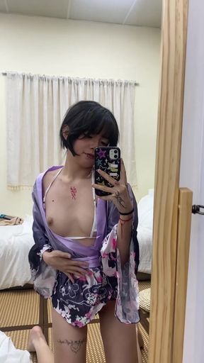Asian babe with cute natural tits plays with her pussy