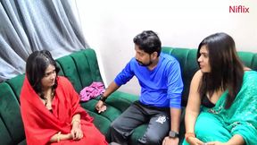 A guy visits his home and has a wild session with his two sisters-in-law  A hot threesome