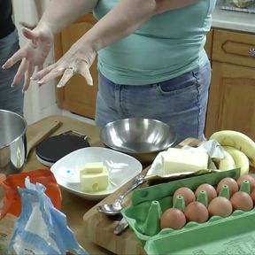 Petite girl bakes with chubby granny