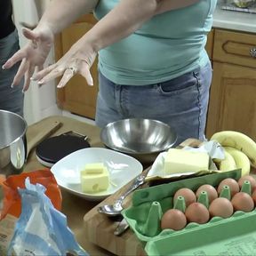 Petite girl bakes with chubby granny