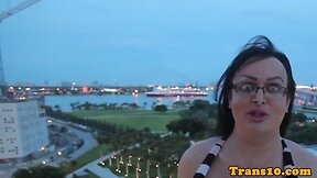 Stockinged tgirl toying her tight chubby ass