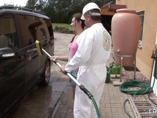 Stepdad shows stepdaughter how to wash the car and vagina