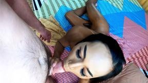 Petite big dick oiled Asian ladyboy blows and rides dildo and BWC