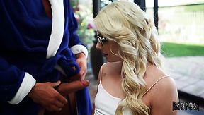 Torrid slender blonde hottie in glasses gives deepthroat BJ before wild doggy