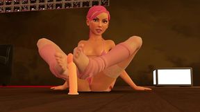 pink is using her dildo with her feet.